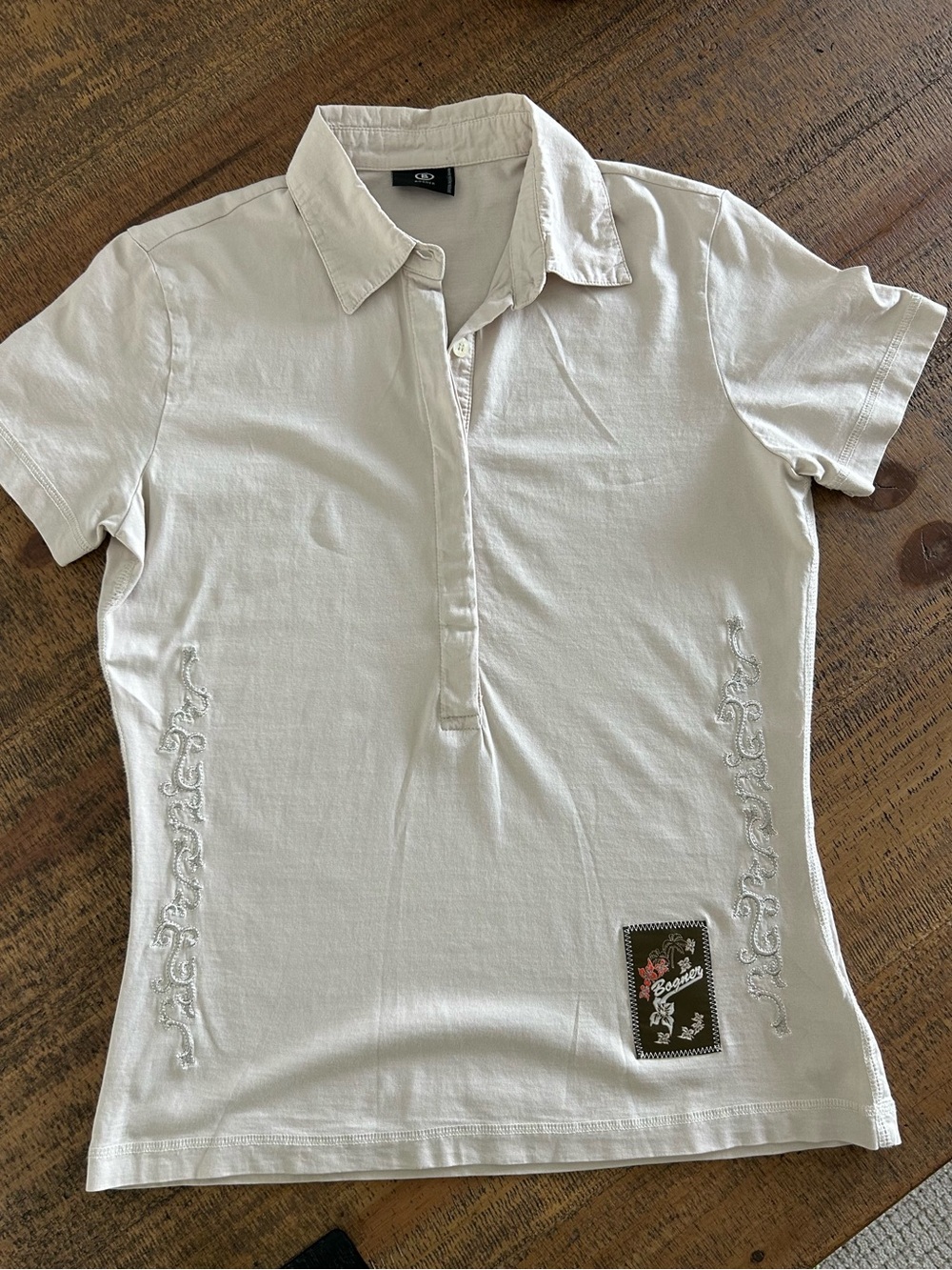 BOGNER Women Neutral Short Sleeve Polo Shirt Floral Patch Quiet Luxury size S